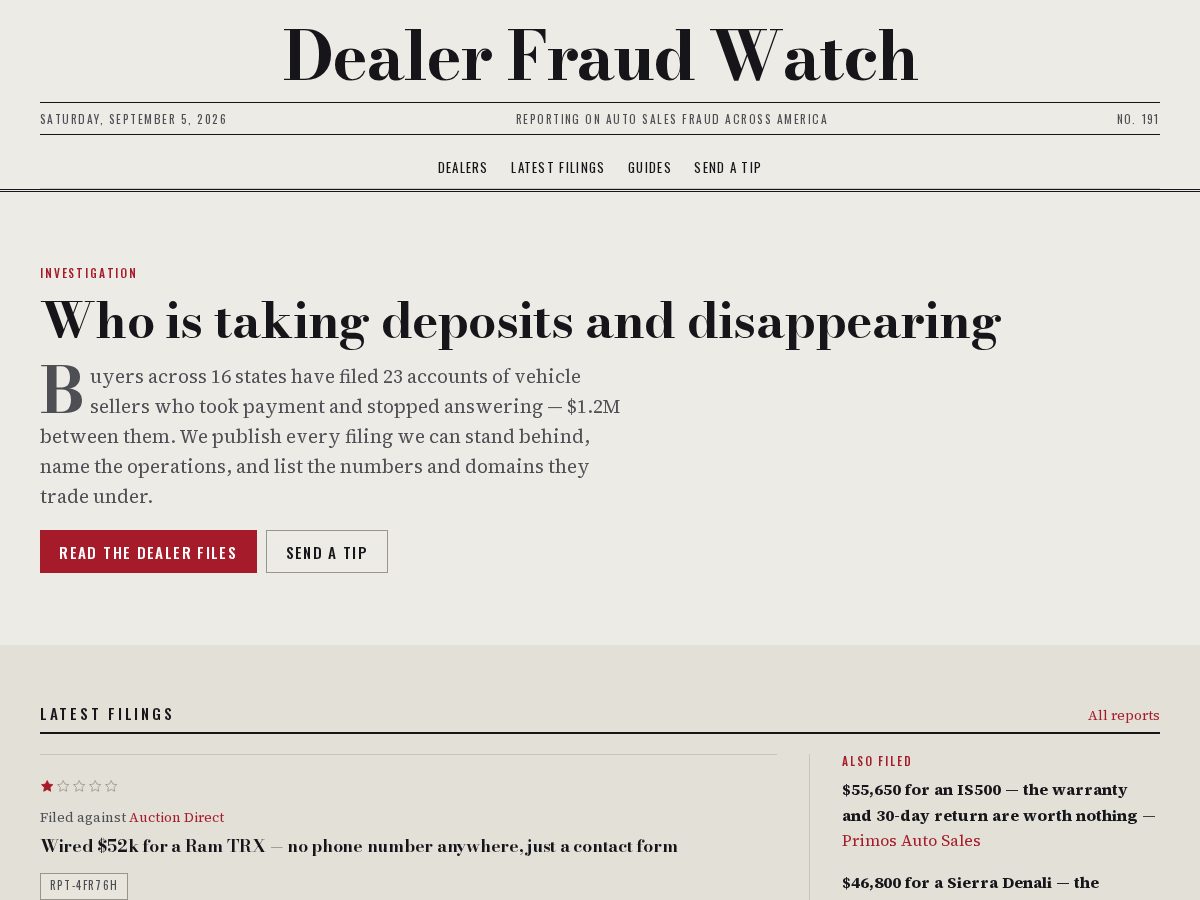 Landing-page snapshot of dealerfraudwatch.com