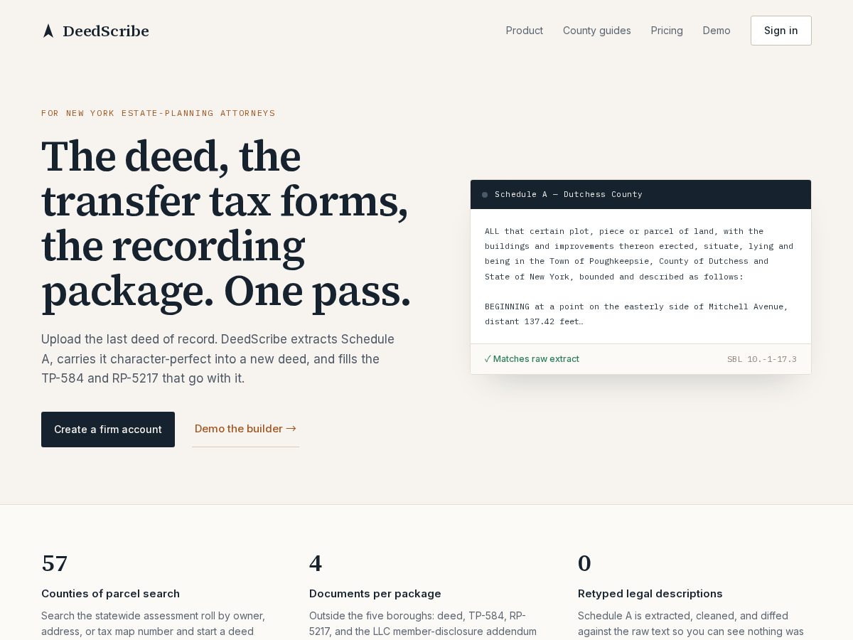Landing-page snapshot of deedscribe.com