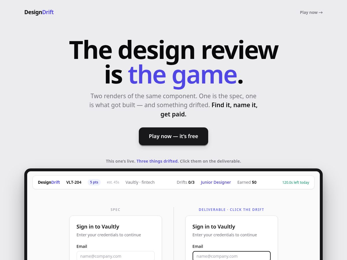 Landing-page snapshot of designdrift.app