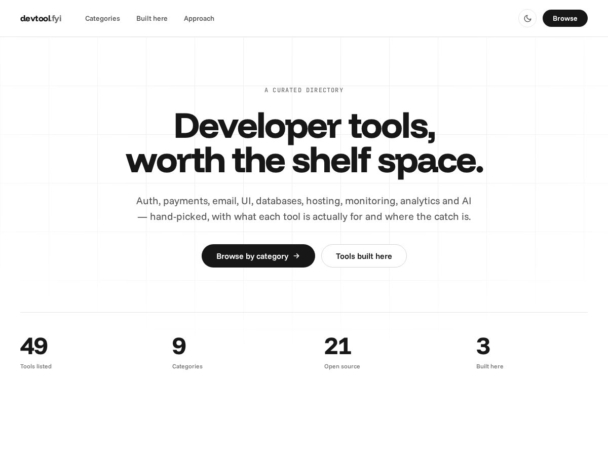 Landing-page snapshot of devtool.fyi