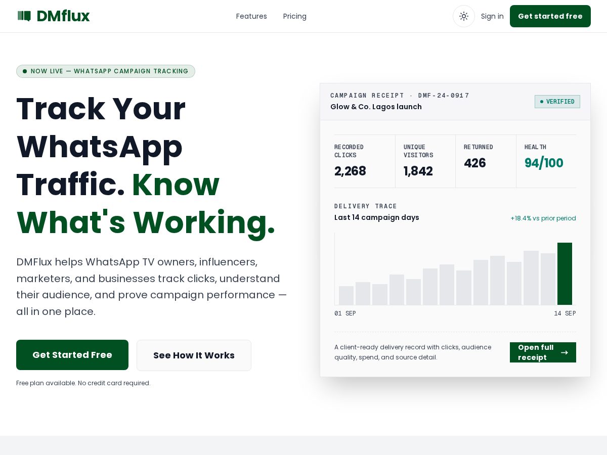 Landing-page snapshot of dmflux.app