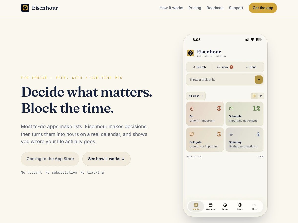 Landing-page snapshot of eisenhour.app