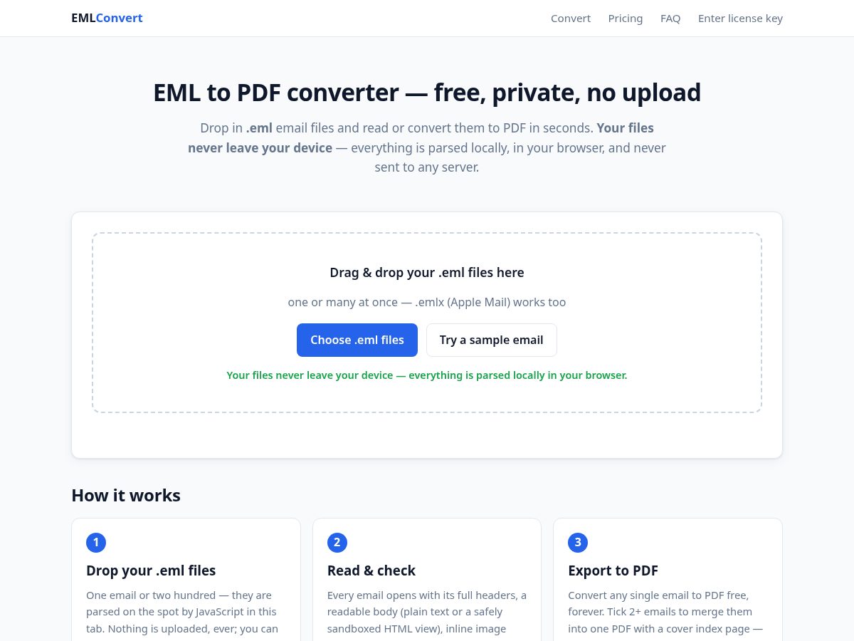 Landing-page snapshot of emlconvert.com