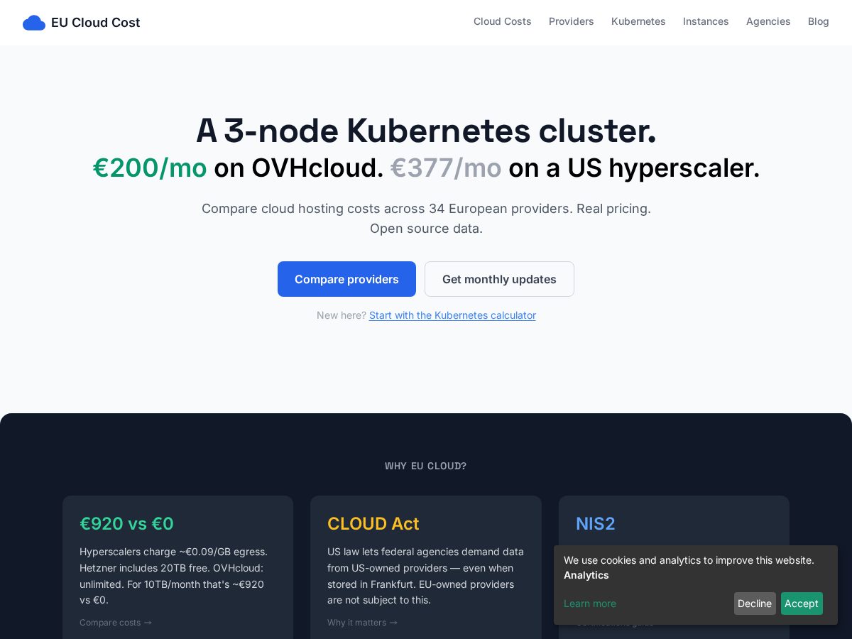 Landing-page snapshot of eucloudcosts.com