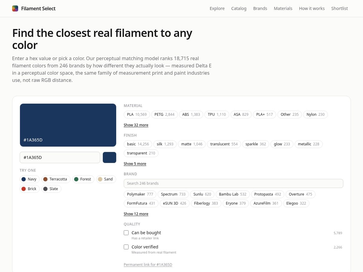 Landing-page snapshot of filamentselect.com