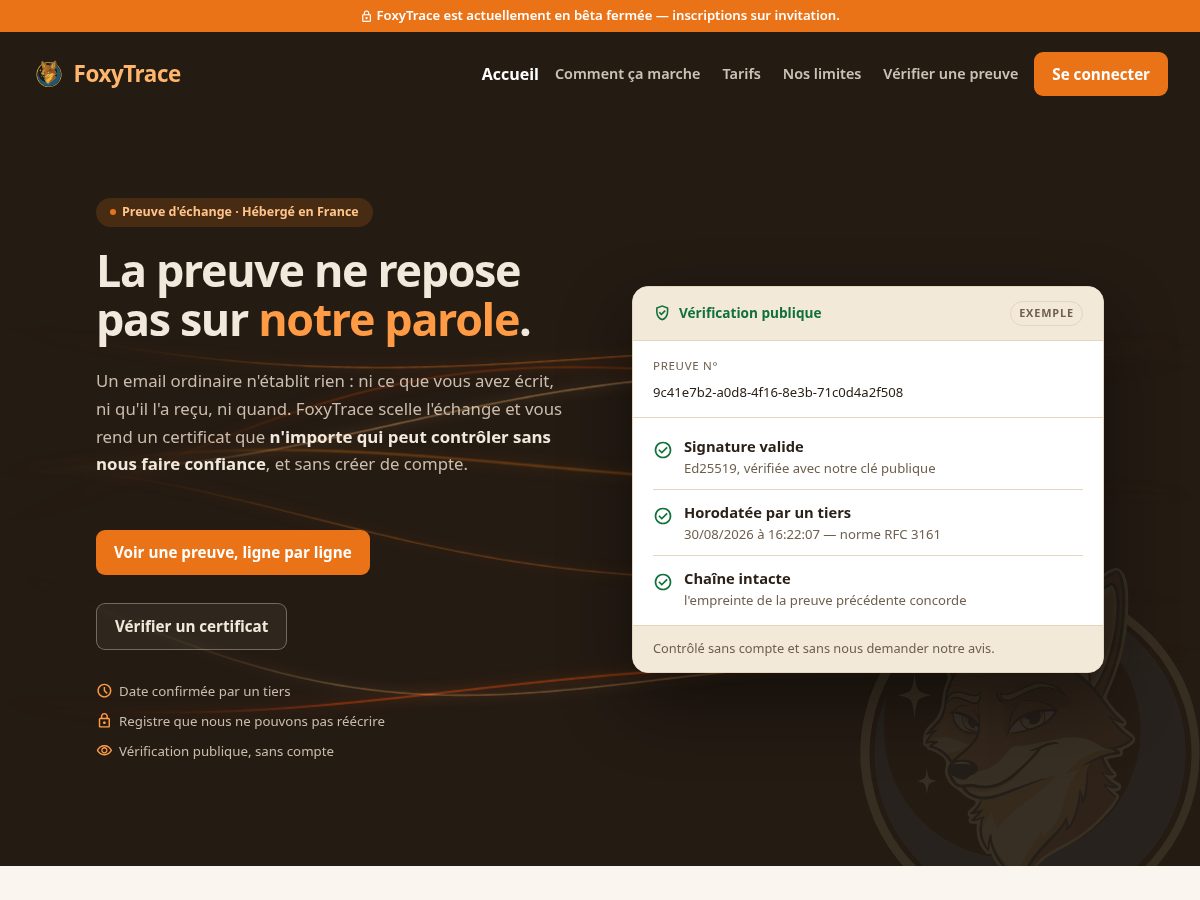 Landing-page snapshot of foxytrace.com