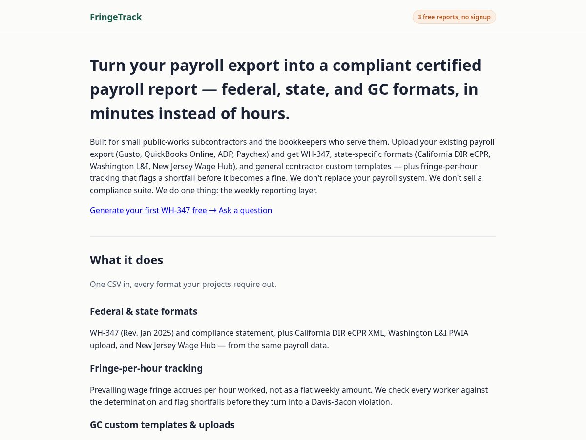 Landing-page snapshot of fringetrack.com