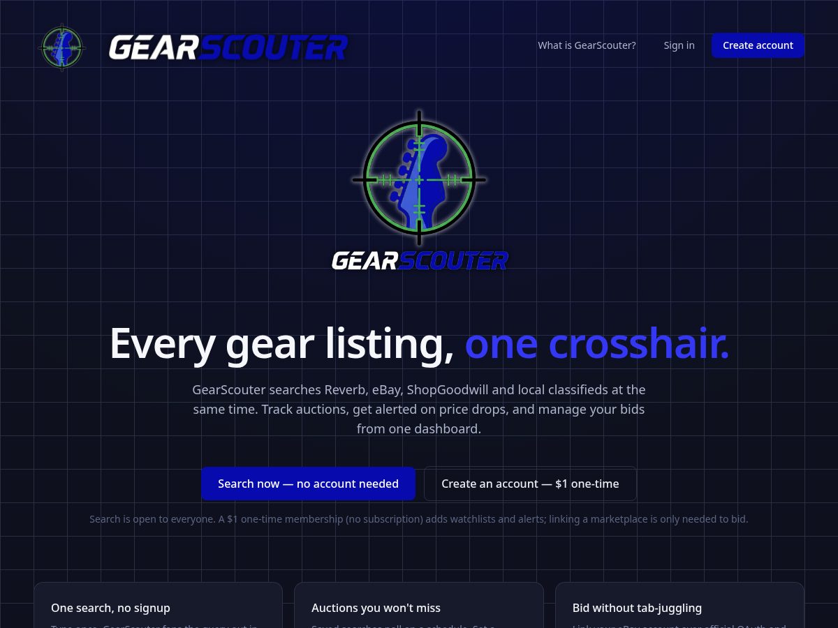 Landing-page snapshot of gearscouter.app