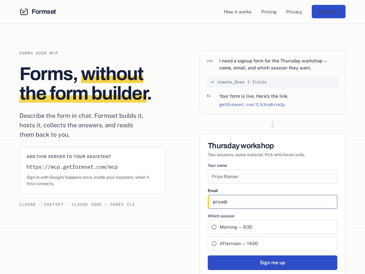 Landing-page snapshot of getformset.com