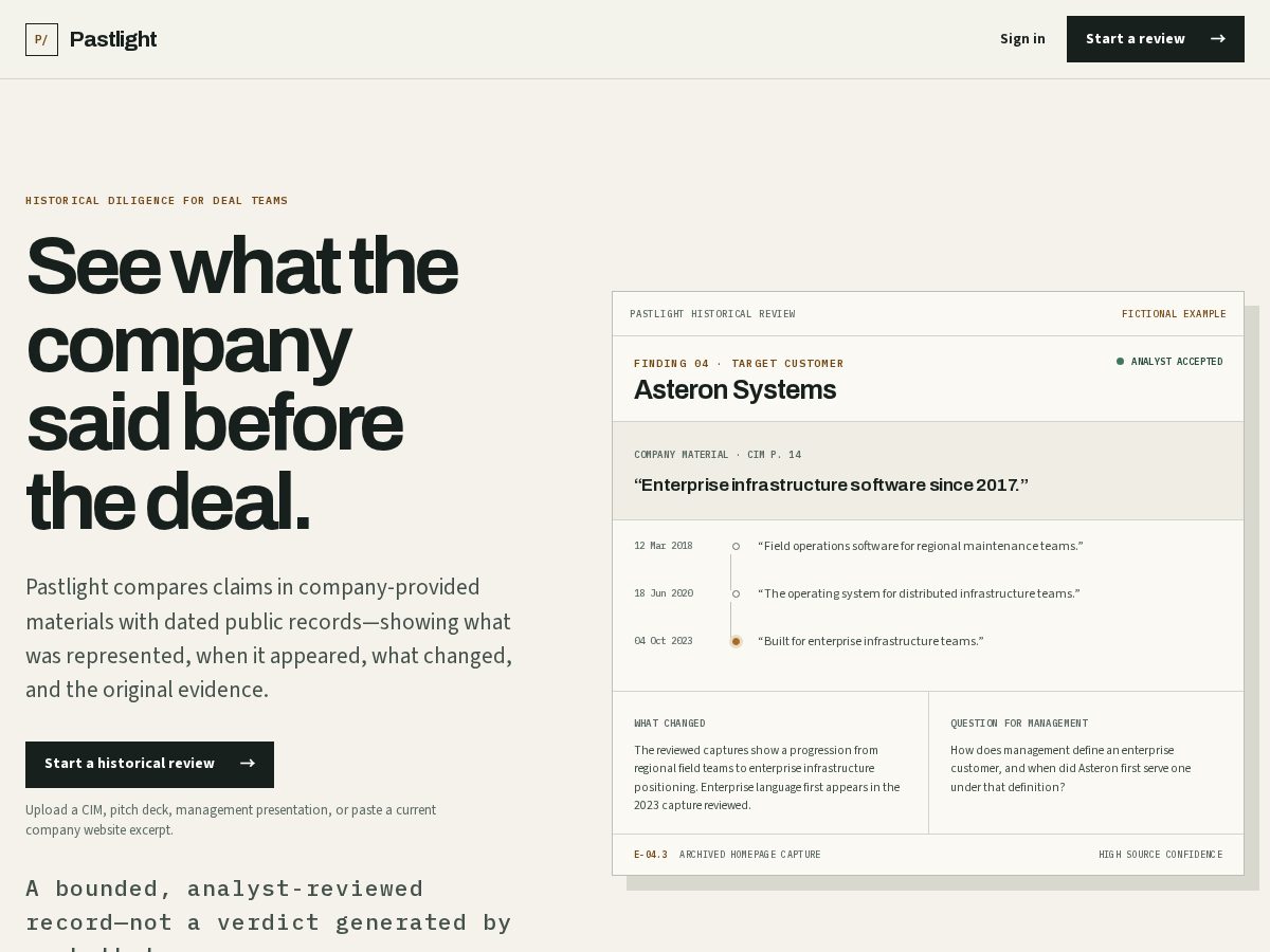 Landing-page snapshot of getpastlight.com