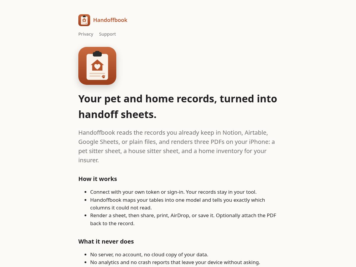 Landing-page snapshot of handoffbook.com