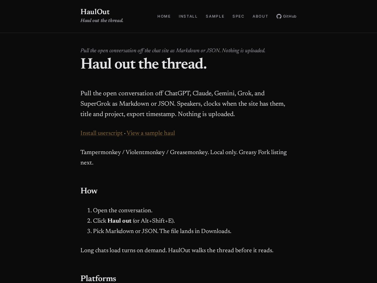 Landing-page snapshot of haulout.dev