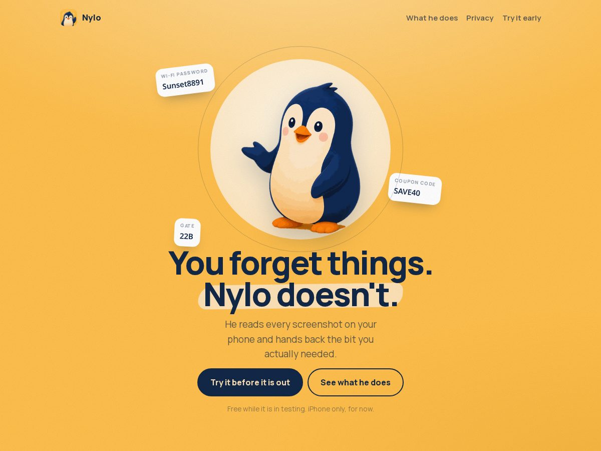 Landing-page snapshot of heynylo.com