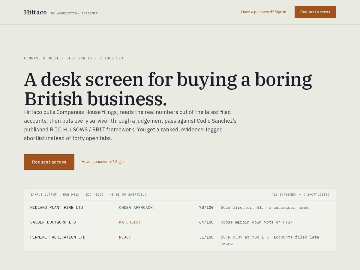Landing-page snapshot of hittaco.com