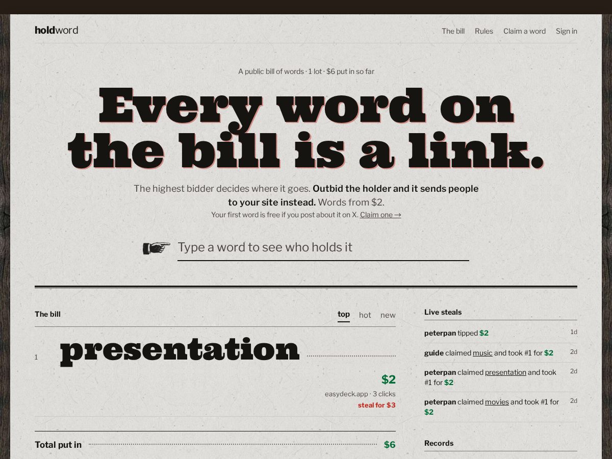 Landing-page snapshot of holdword.com