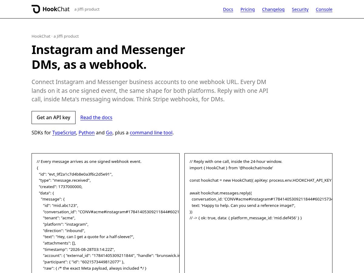 Landing-page snapshot of hookchat.dev