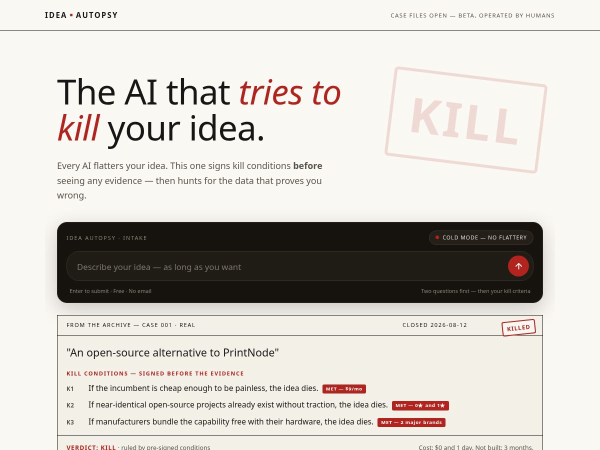 Landing-page snapshot of ideaautopsy.app