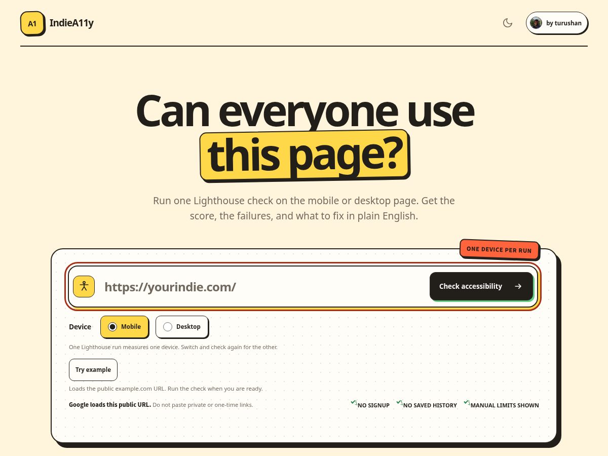 Landing-page snapshot of indiea11y.com