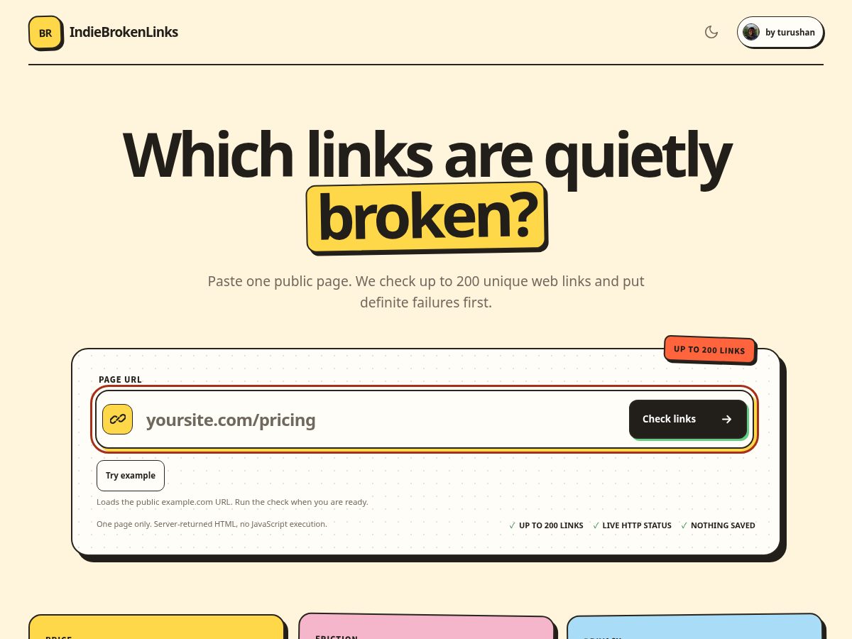 Landing-page snapshot of indiebrokenlinks.com
