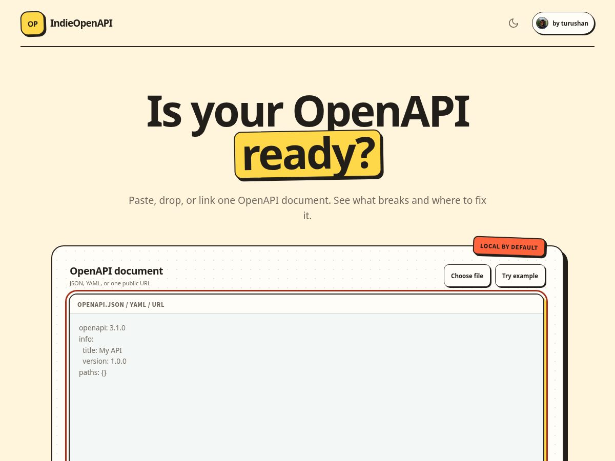 Landing-page snapshot of indieopenapi.com