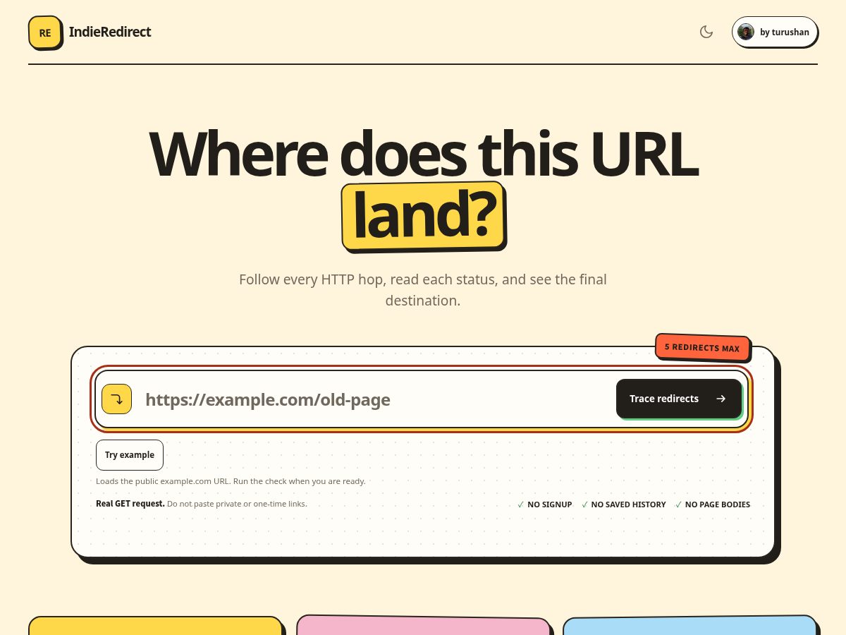 Landing-page snapshot of indieredirect.com