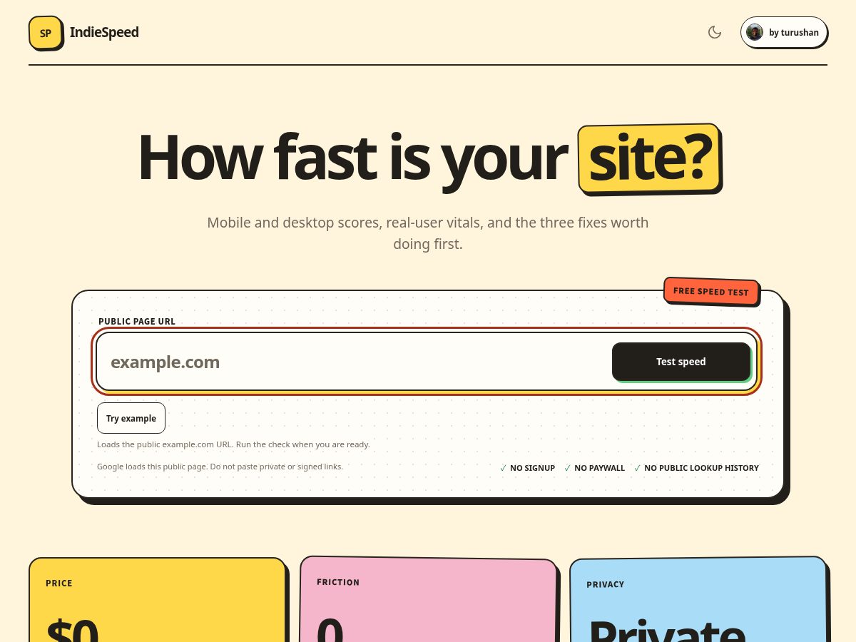 Landing-page snapshot of indiespeed.com