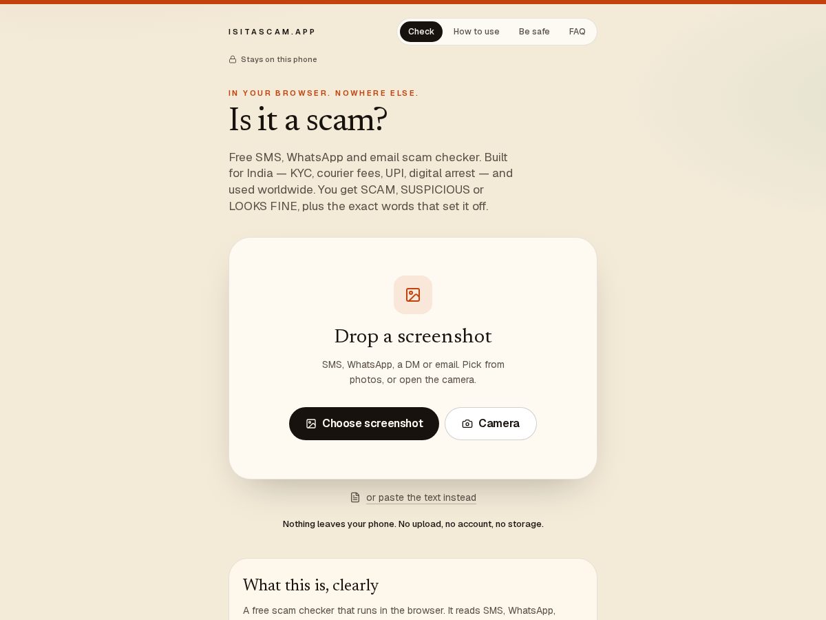 Landing-page snapshot of isitascam.app