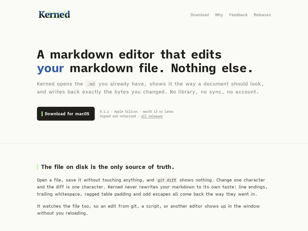 Landing-page snapshot of kerned.app