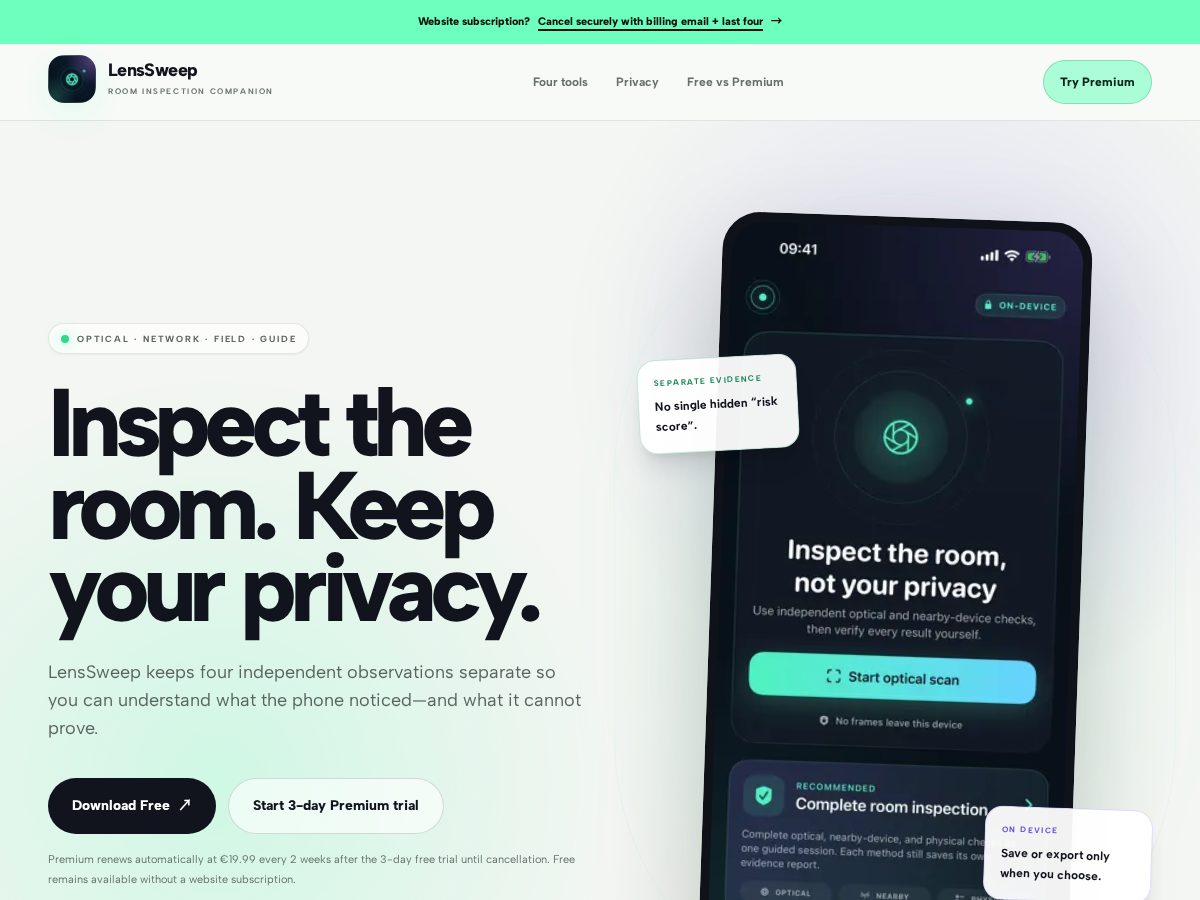 Landing-page snapshot of lenssweep.app