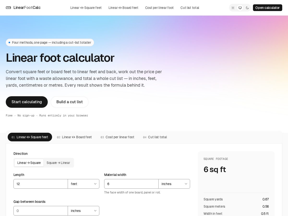 Landing-page snapshot of linearfootcalc.com