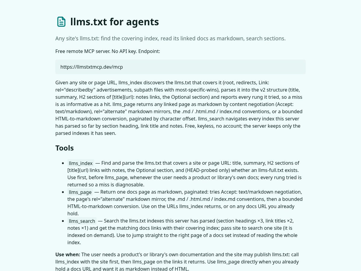 Landing-page snapshot of llmstxtmcp.dev