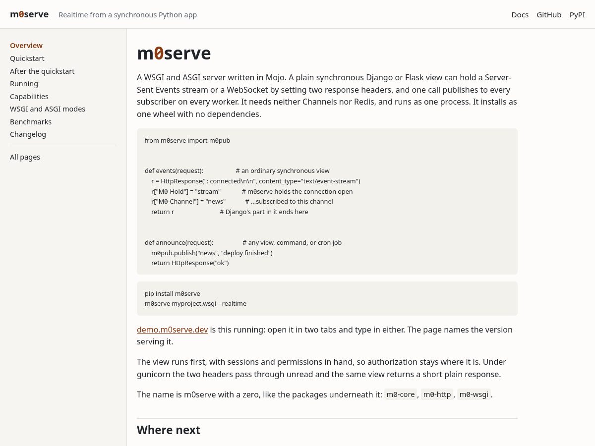Landing-page snapshot of m0serve.dev