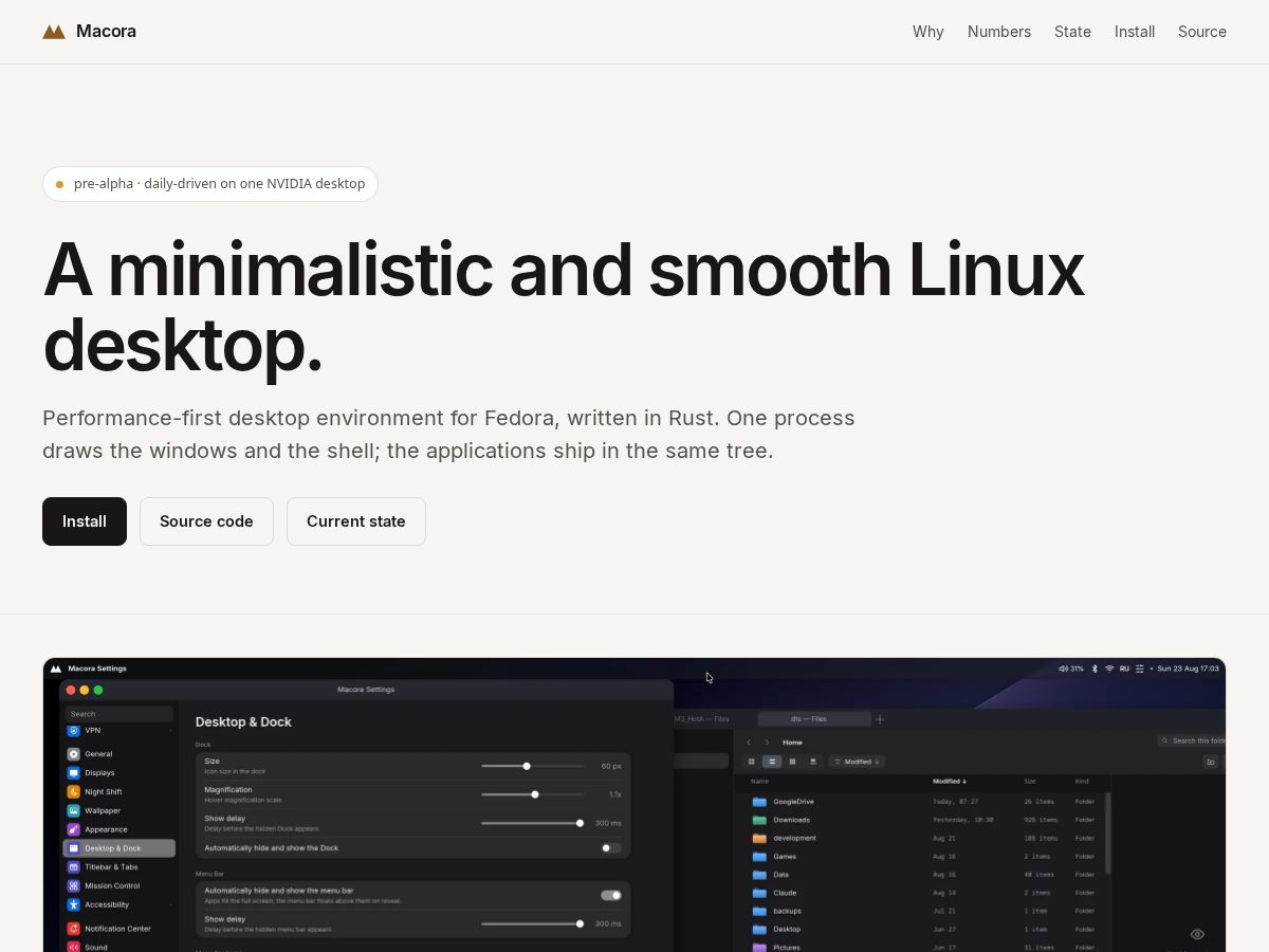 Landing-page snapshot of macora.dev