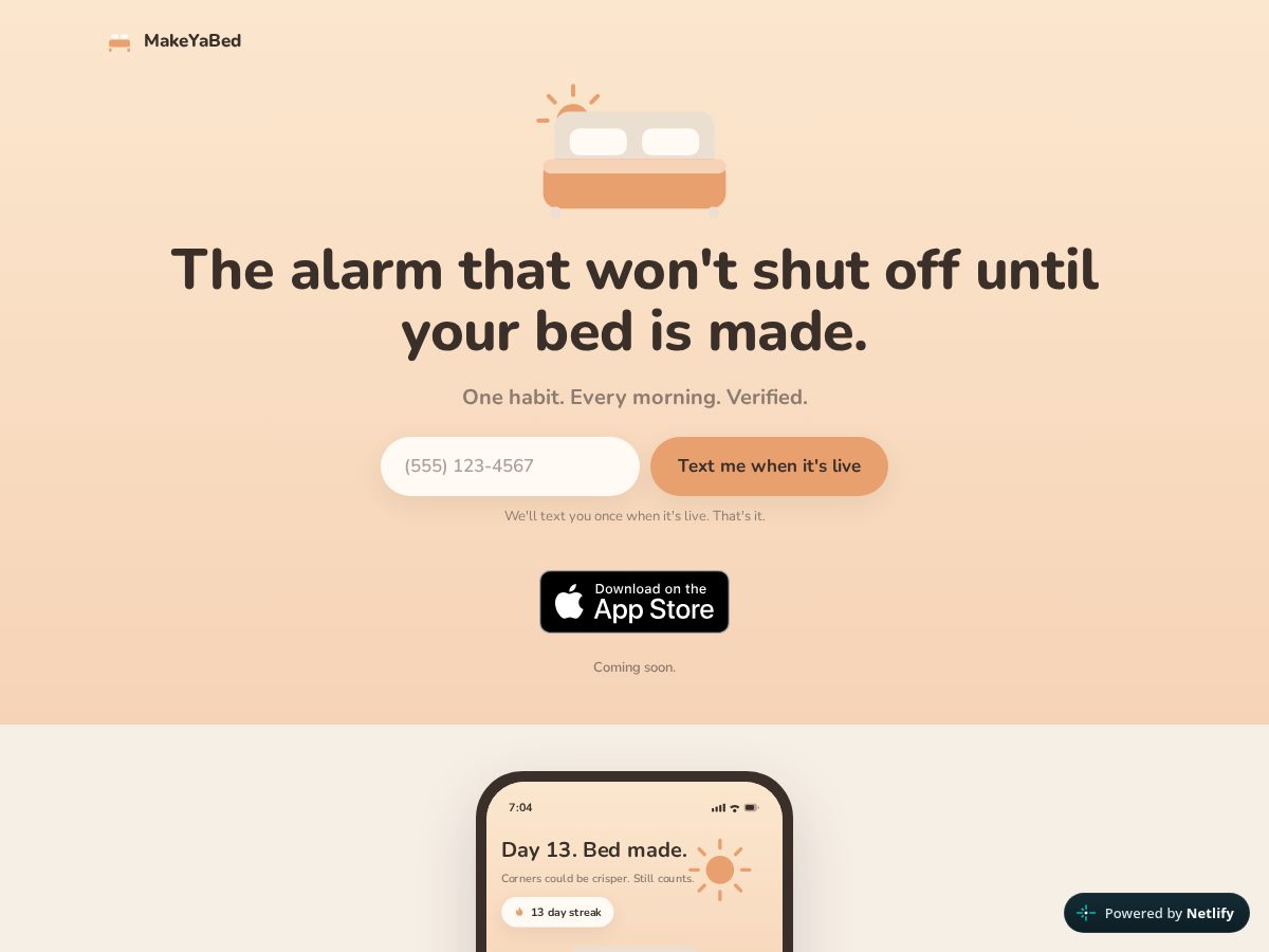 Landing-page snapshot of makeyabed.com