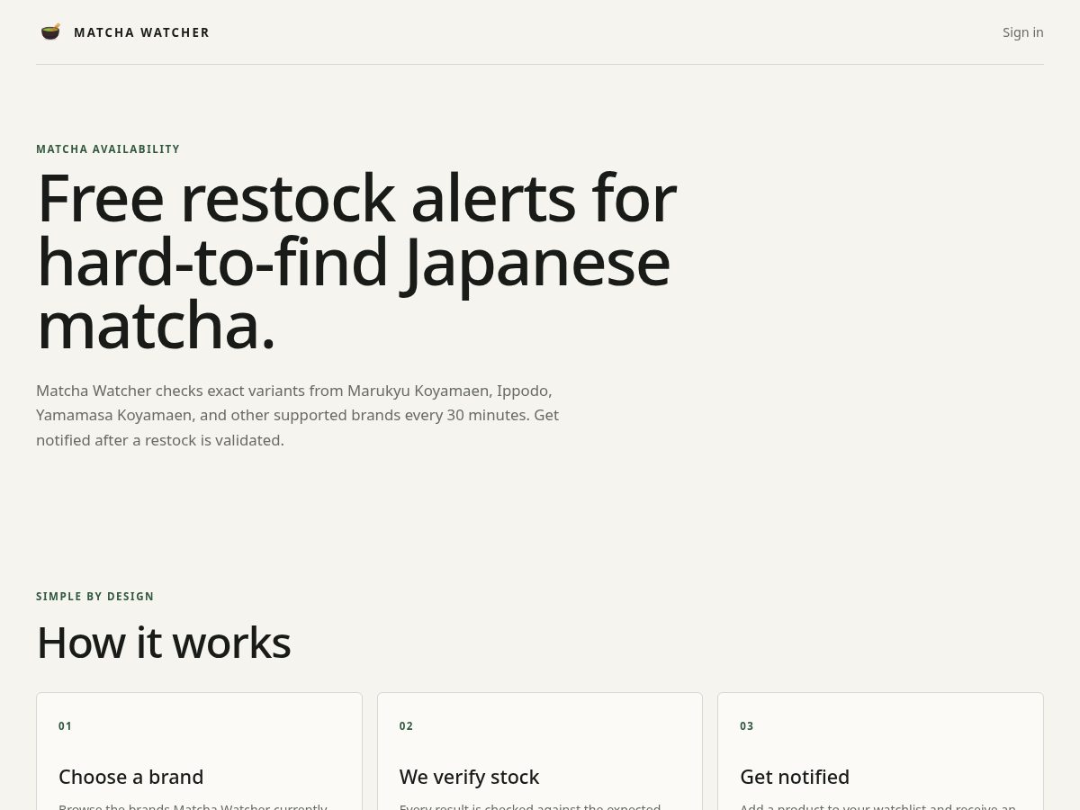 Landing-page snapshot of matchawatcher.com