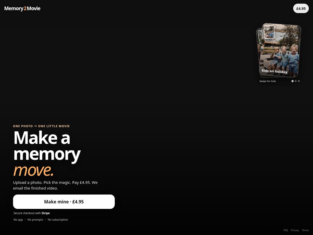 Landing-page snapshot of memory2movie.com