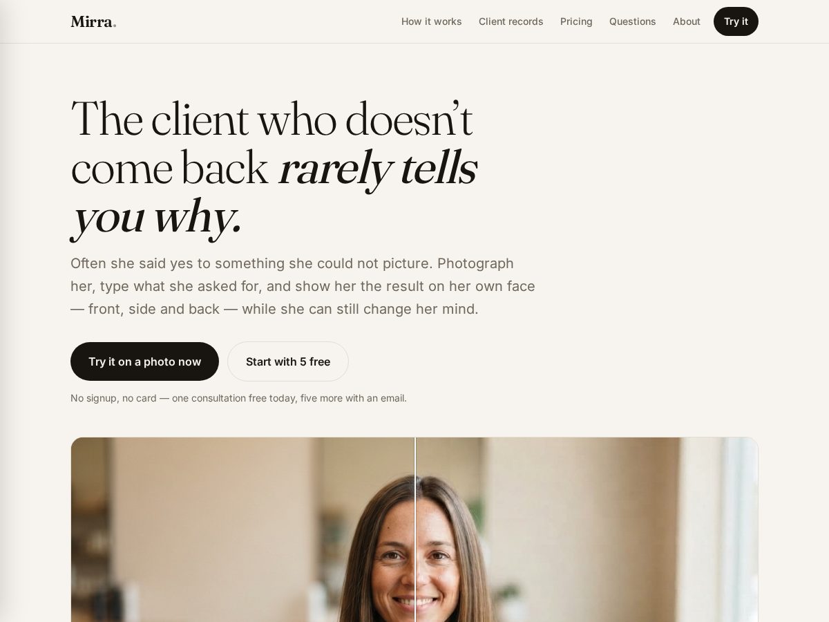 Landing-page snapshot of mirrahair.com