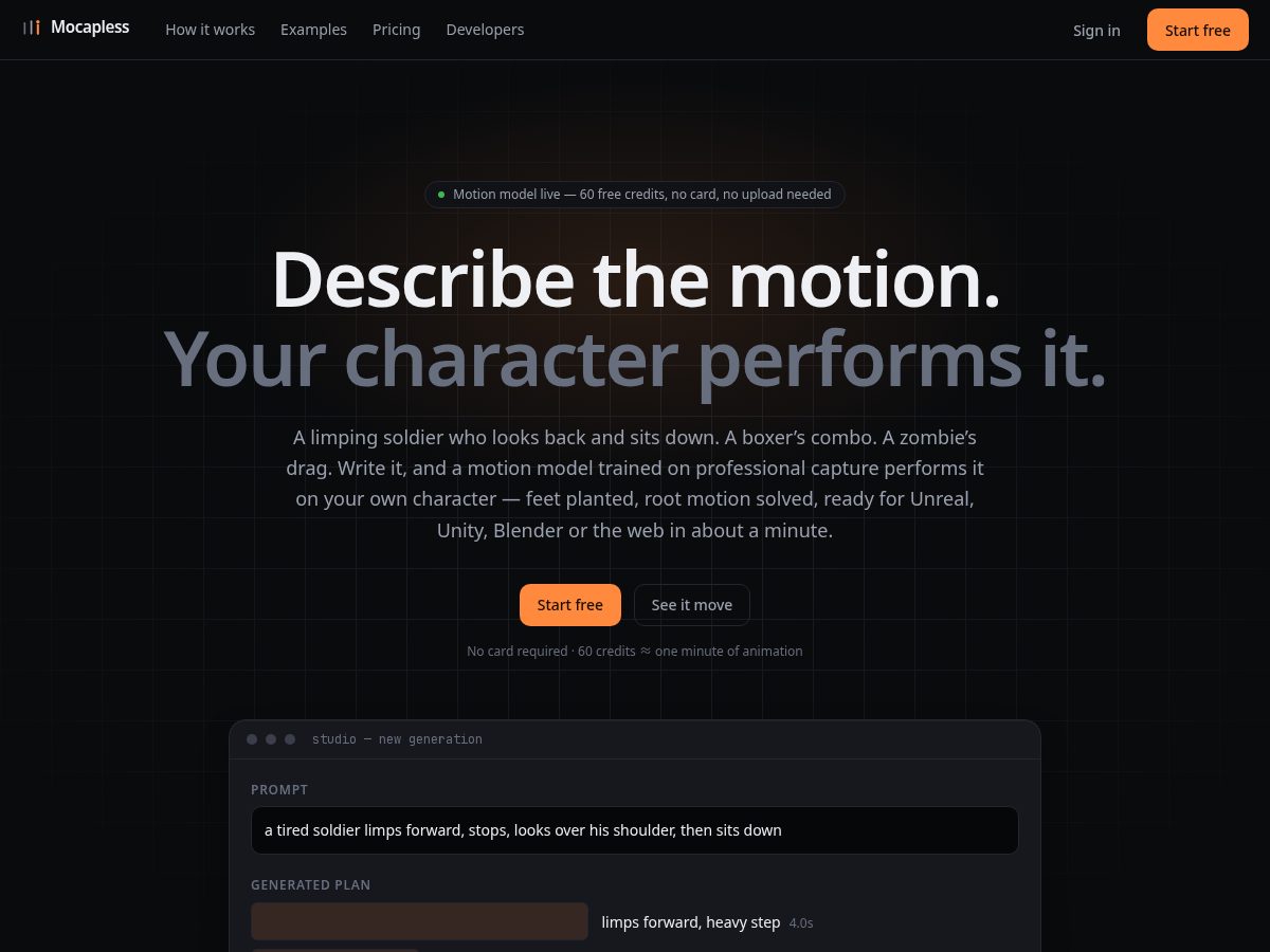 Landing-page snapshot of mocapless.com