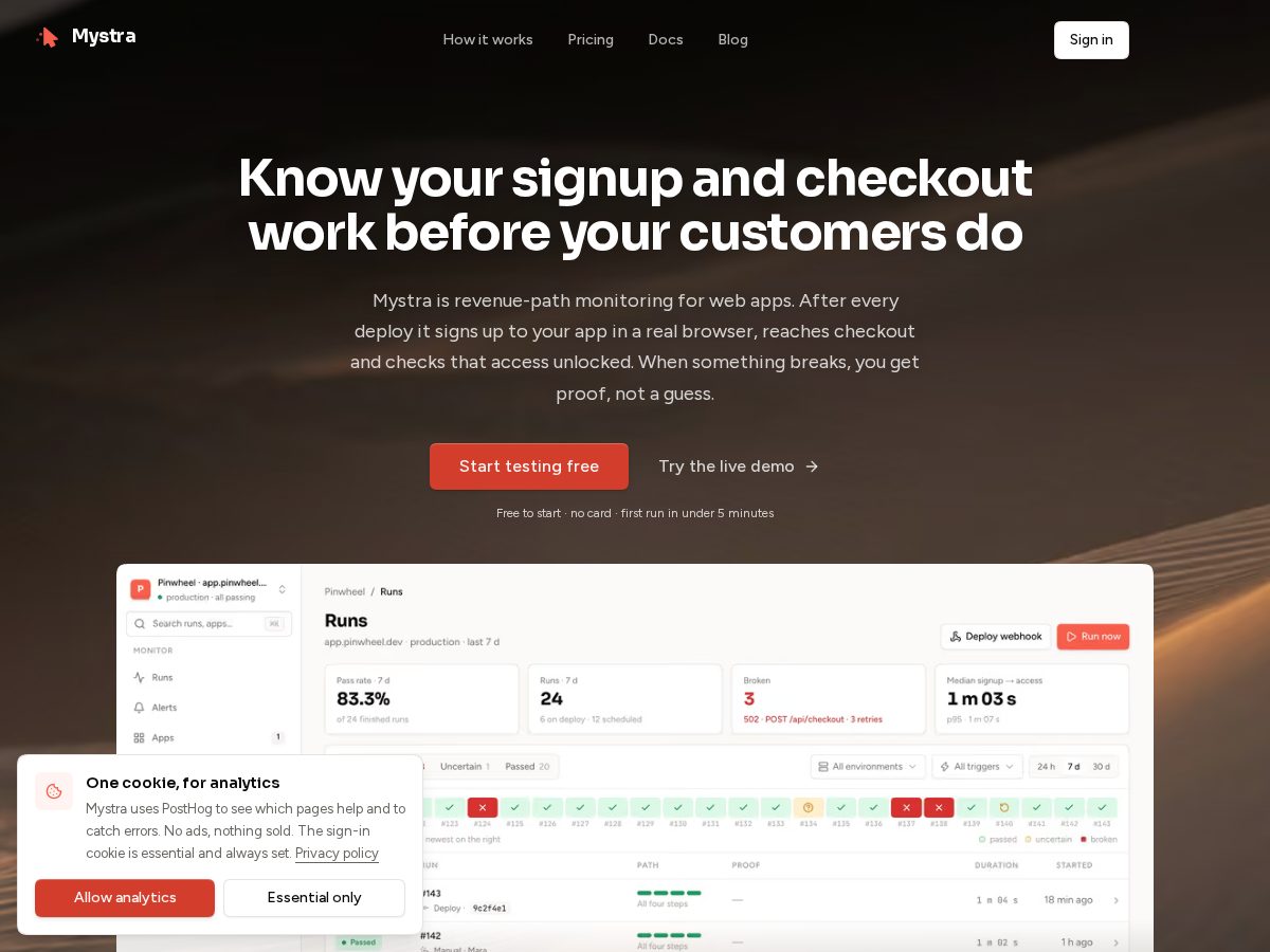 Landing-page snapshot of mystra.run