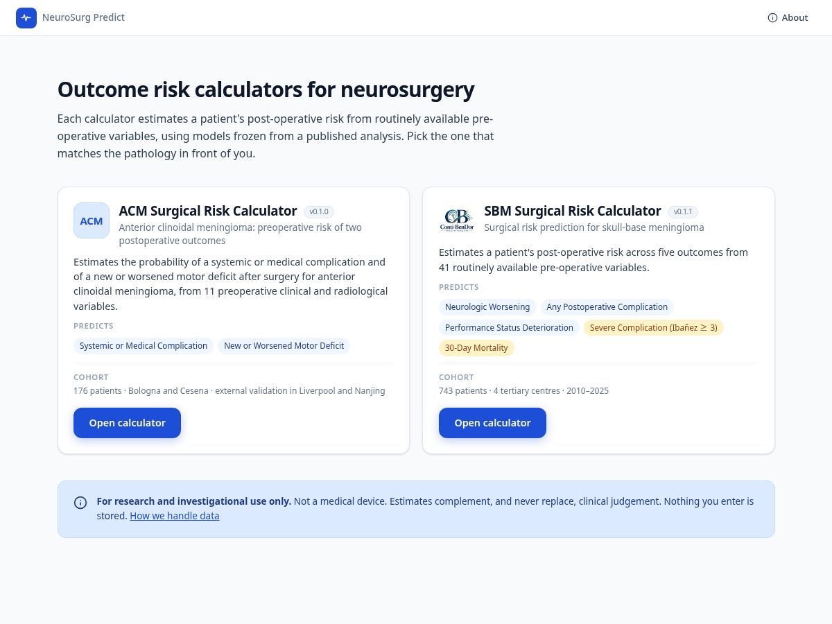 Landing-page snapshot of neurosurgpredict.org