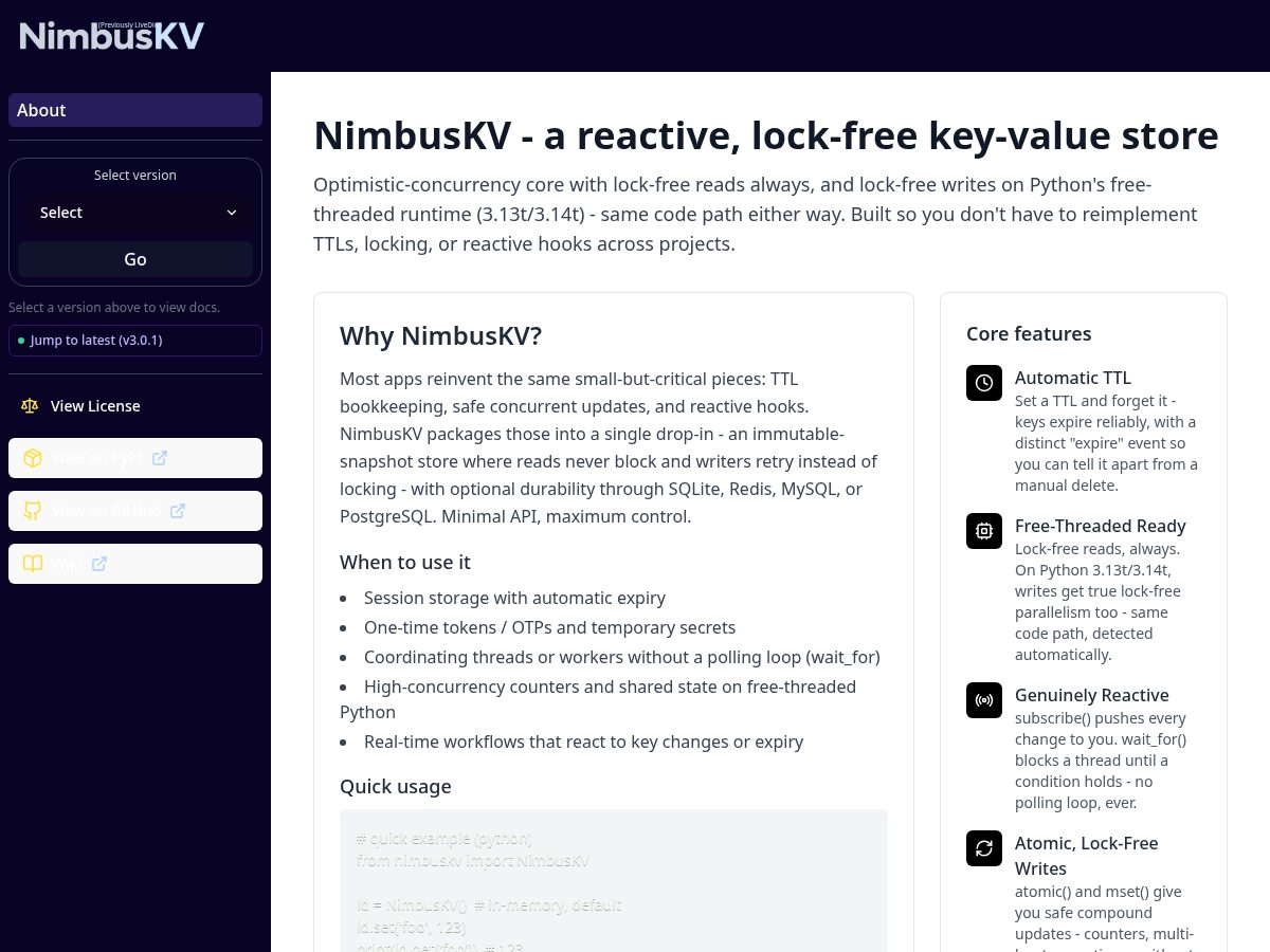 Landing-page snapshot of nimbuskv.fyi