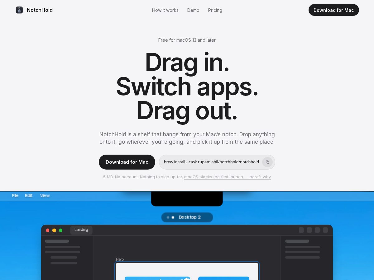 Landing-page snapshot of notchhold.app