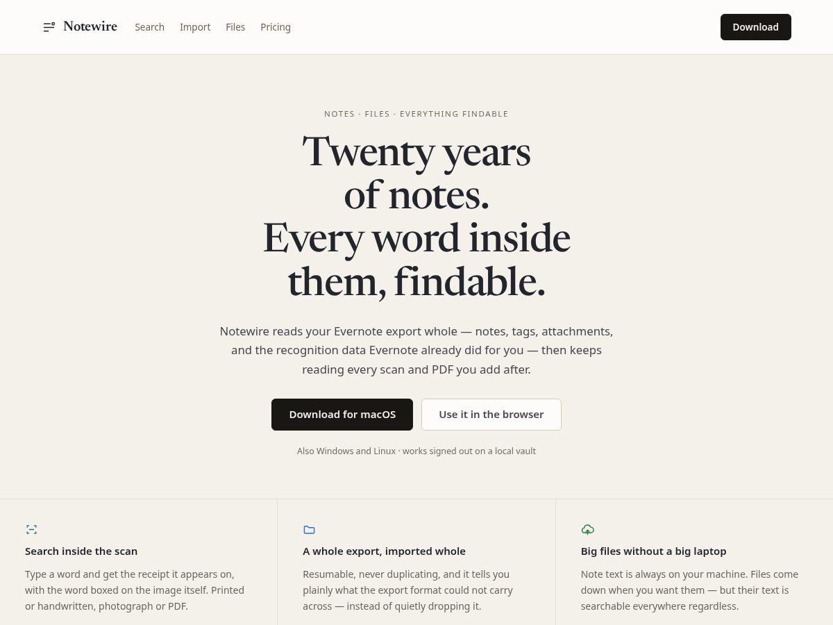 Landing-page snapshot of notewire.app