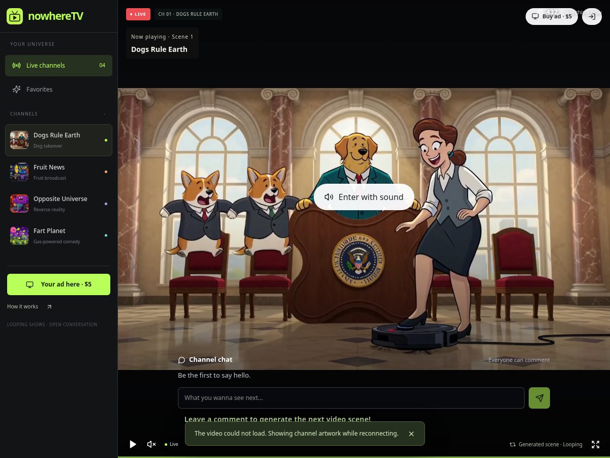 Landing-page snapshot of nowheretv.live