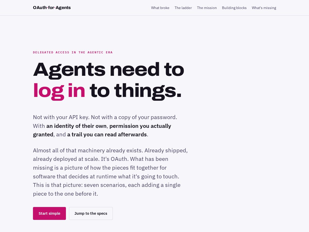Landing-page snapshot of oauthforagents.dev