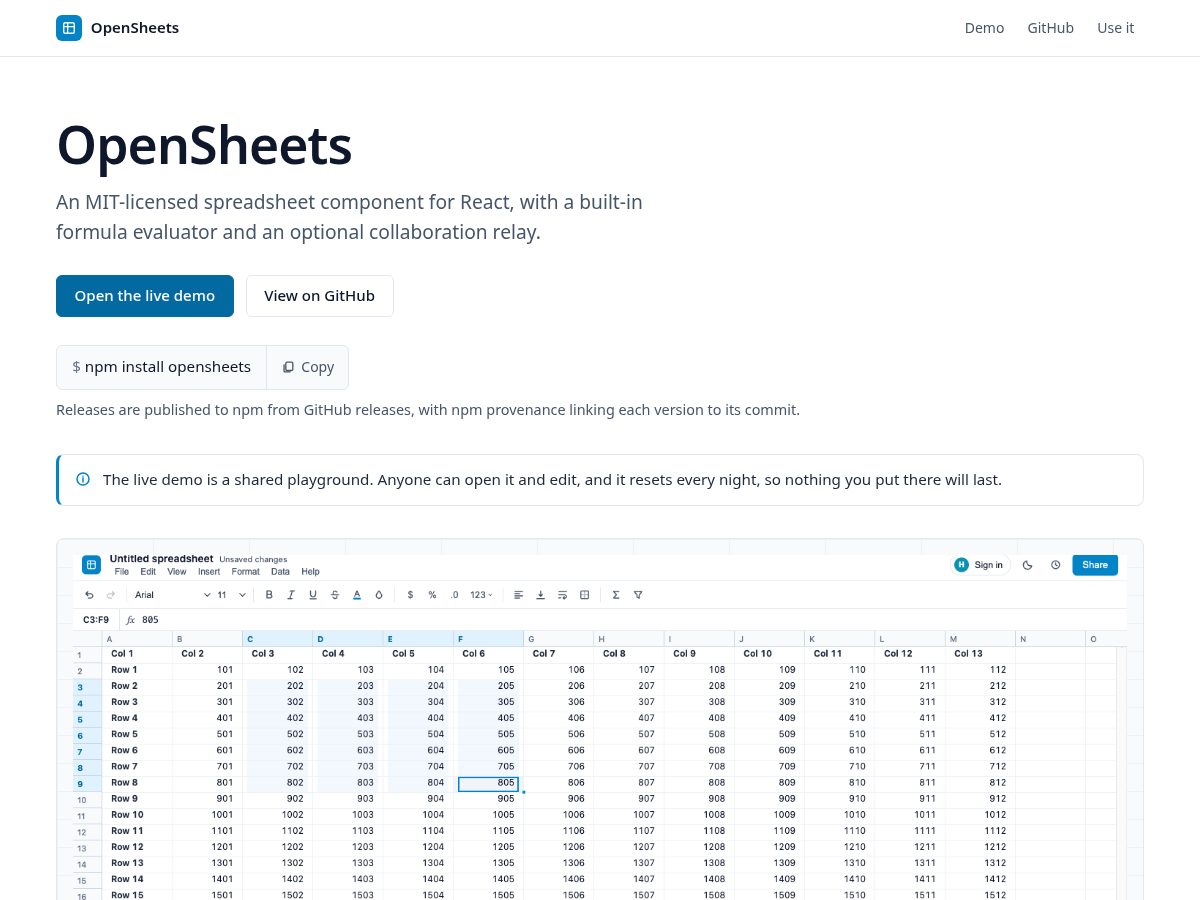 Landing-page snapshot of opensheets.dev