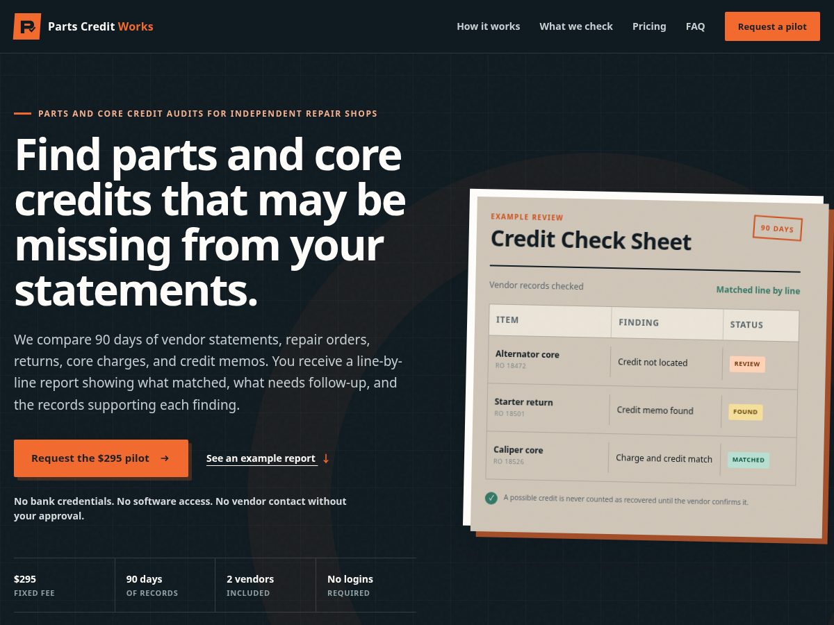 Landing-page snapshot of partscreditworks.com