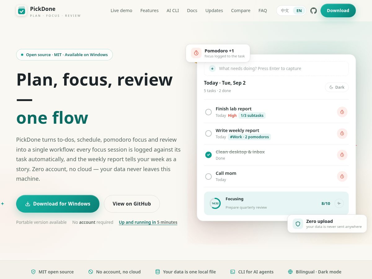 Landing-page snapshot of pickdone.app