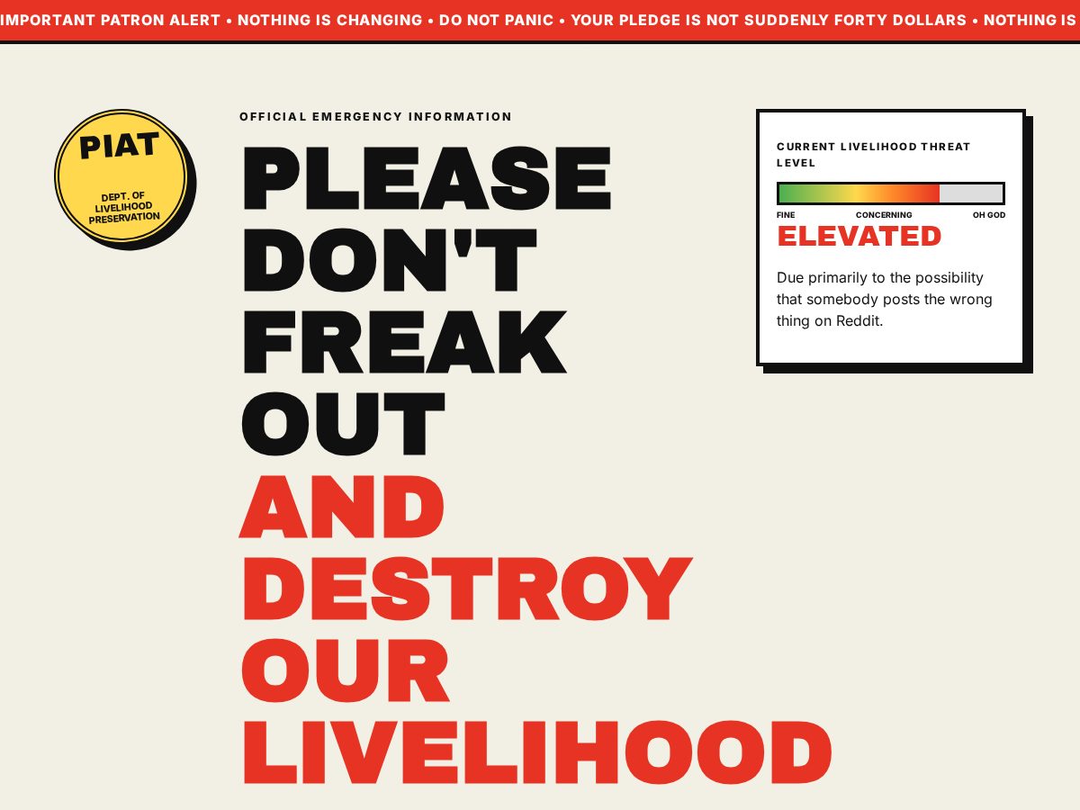 Landing-page snapshot of pleasedontfreakoutanddestroyourlivelihood.com