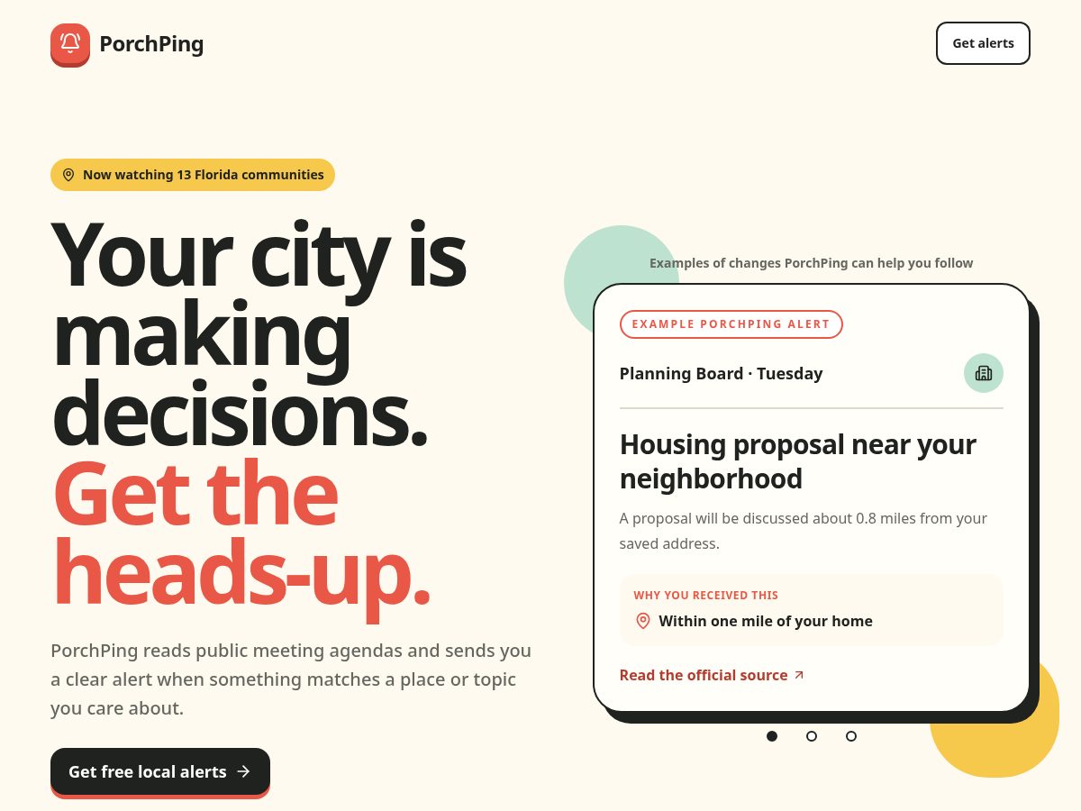 Landing-page snapshot of porchping.app